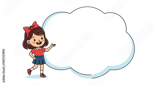 Cheerful cartoon schoolgirl with a red bow pointing towards a large white cloud shaped speech bubble or thought bubble on white background.
