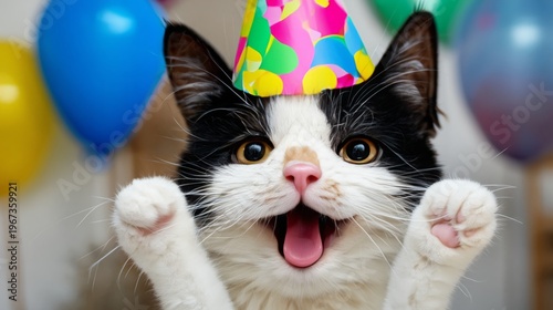 Cute Cat Wearing a Party Hat With Colorful Gifts Nearby on a Plain Background