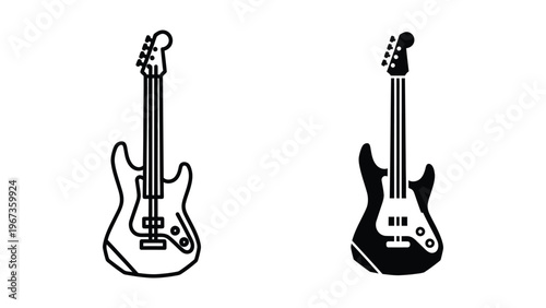 Contrasting black and white electric bass and guitar icons with detailed features