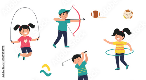 Group of diverse children engaging in various healthy outdoor sports and activities like archery, golf, jumping rope, and hula hoop.