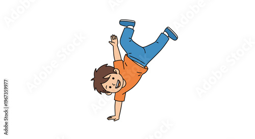 Energetic cartoon boy performing a one handed handstand wearing an orange shirt and blue pants against a clean white background.