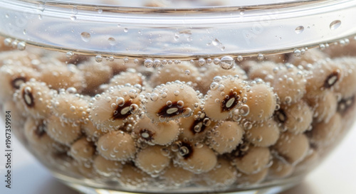 Close-up of Black-eyed Peas Submerged in Sparkling Water, Showcasing Bubbles and Texture Concept Creative Innovation