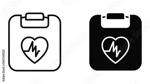 Medical clipboard icons with heart and heartbeat line designs in contrasting colors