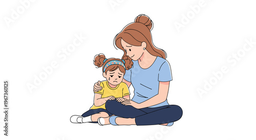 Compassionate woman sitting on the floor and comforting a crying young girl with empathy and care in a simple minimalist illustration style.