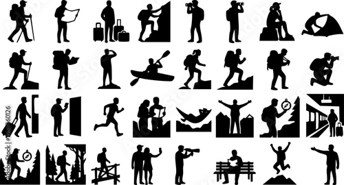 Travel adventure silhouettes set, hiking camping tourism outdoor activities vector icons collection