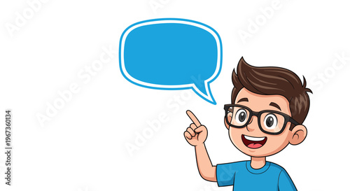 Smart cartoon boy wearing glasses pointing at a blank blue speech bubble representing a thought, message, or important announcement.