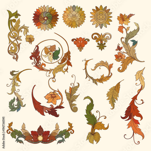 Ornate Baroque seamless pattern featuring a central male face with sun motif, surrounded by intricate scrolls, foliage, and floral elements in warm gold, autumn tones. Ideal for textiles, luxury decor