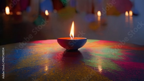 Colorful Background With a Lit Candle on a Table During a Festival Celebration