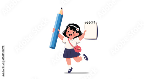 Happy young girl in school uniform carrying a giant blue pencil and a blank notepad while jumping for joy on a plain white background.