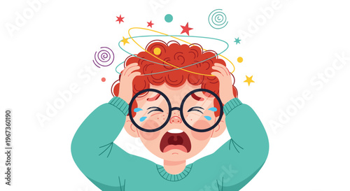 Distressed cartoon boy with glasses crying and holding his head with dizzy stars and swirls indicating a painful headache or stress.