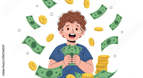 Surprised young boy with glasses surrounded by flying dollar bills and stacks of gold coins while dreaming of wealth.