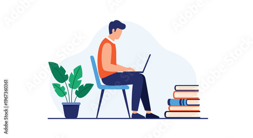 Professional man sitting on a blue chair and working on a laptop with a stack of books and a plant nearby for focus.