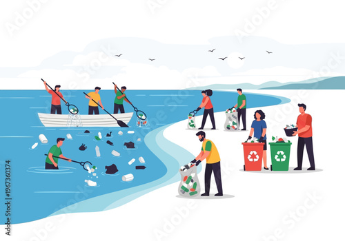 People cleaning up beach and ocean.