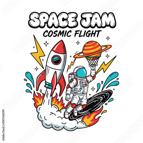 Astronaut dunking a basketball through Saturn's rings with a rocket launch vector illustration.