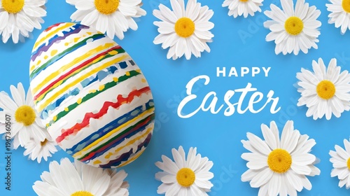 Colorful Egg Surrounded by Daisies With Happy Easter Text on Blue Background