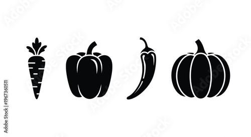 Black silhouettes of a carrot peppers chili and pumpkin silhouette