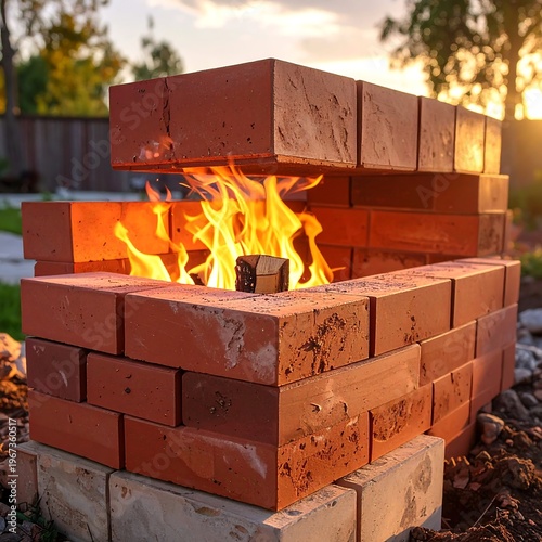 An outdoor brick structure built to contain a fire, flames visible within. Evening light illuminates the scene, creating a warm glow