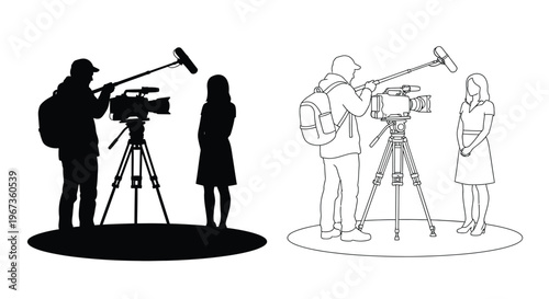Filmmaking crew with camera and lighting contrasted designs silhouette