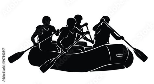 Four rafters paddling a boat on the water black silhouette