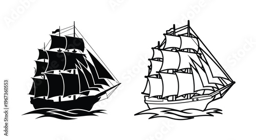 Two vintage sailing ships depicted in a striking black silhouette