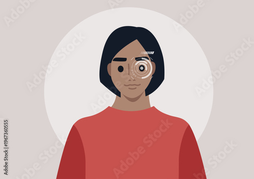 A creative depiction showcases the intricate eye retina recognition technology, It highlights the seamless blend of human features and digital advancement, emphasizing eye identification.