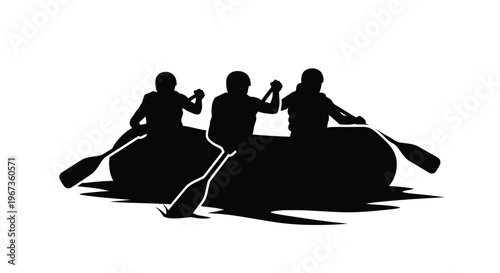 Three rafters paddling a boat on water black silhouette