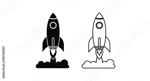 Two rocket ships launching with flame trails a bold silhouette