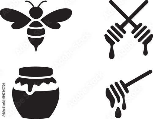 Graphic icons representing honey and bee-related items in a minimalist style