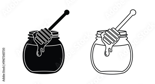 Two honey jars with dripping honey a striking black silhouette