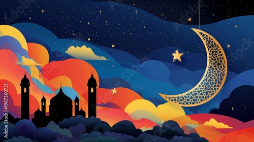 Colorful Clouds and Crescent Moon Over a City Skyline at Night With Stars Shi...