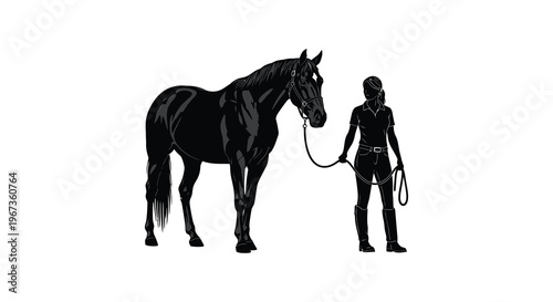 A striking black silhouette depicts a horse and rider standing together showcasing equestrian partnership silhouette high quality professional detailed modern elegant