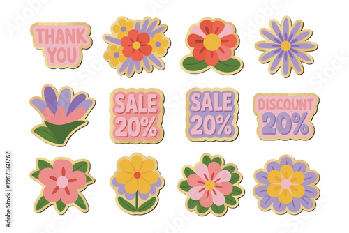 A sticker set of colorful flowers and sale discounts
