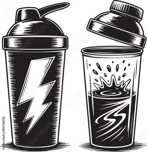 Dynamic depiction of a protein shaker and its contents with energy symbol and swirling liquid