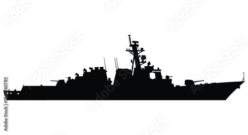 Detailed black silhouette of a modern naval destroyer ship silhouette