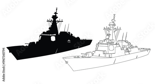 Two naval destroyers one in stark contrast a dramatic silhouette