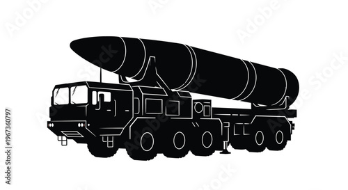 Military missile launcher vehicle depicted in striking black silhouette