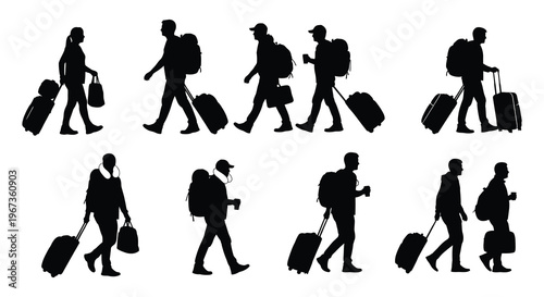 A series of walking figures with luggage depicted in a dynamic progression of motion a black silhouette high quality professional detailed