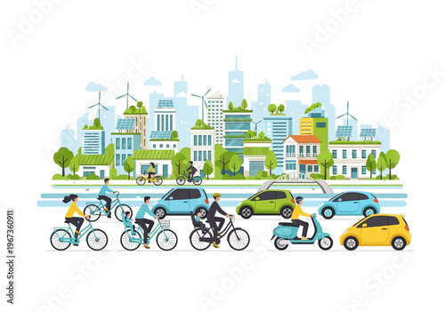 Bicycles and riders in urban setting.