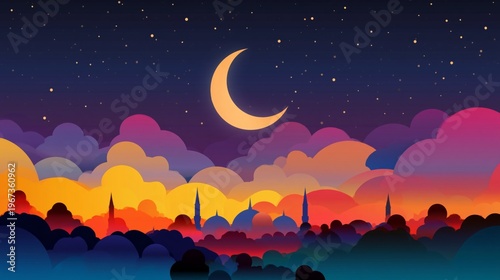 Colorful Sunset Sky With Moon and Silhouettes of Buildings at Dusk