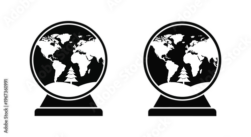 Two snow globes displaying earth and a christmas tree silhouette
