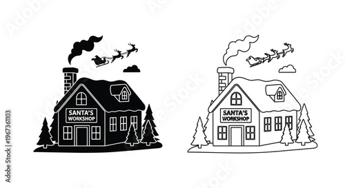 Santa s workshop with reindeer and chimney a striking silhouette