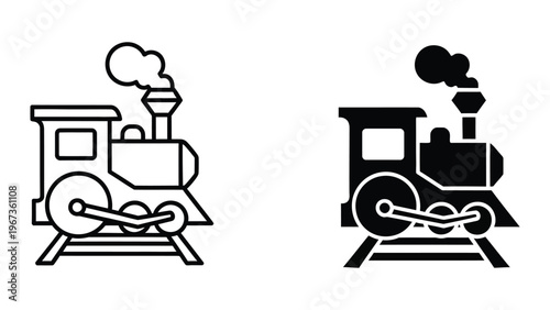 Contrasting black and white illustrations of vintage steam locomotives on tracks