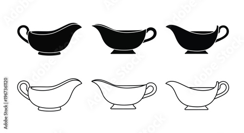 Three black and three white gravy boats in a simple arrangement silhouette