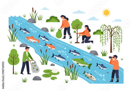 People cleaning a polluted river.