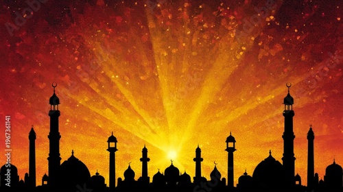 Sunset View of Mosque Silhouettes Against a Colorful Sky in an Urban Setting