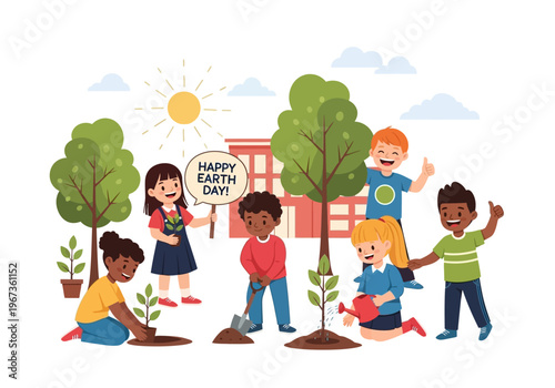 Children Planting Trees Together Outdoors.