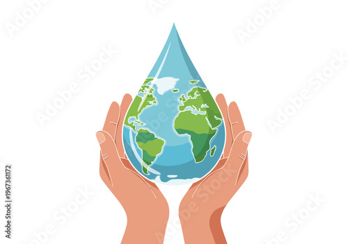 Hands Holding Earth Globe Water Drop.