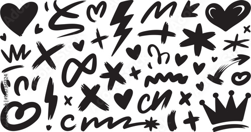 Creative assortment of doodles featuring hearts, crowns, stars, and lightning bolts