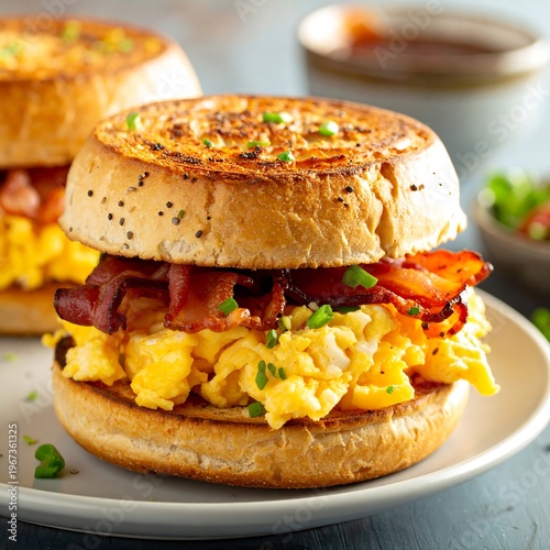 Close-up of a breakfast sandwich. Two golden-brown toasted buns surround scrambled eggs and crispy bacon on a white plate. A small side salad is visible
