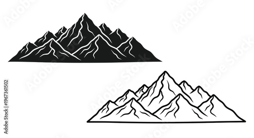 Dramatic mountain range illustration with bold black silhouette